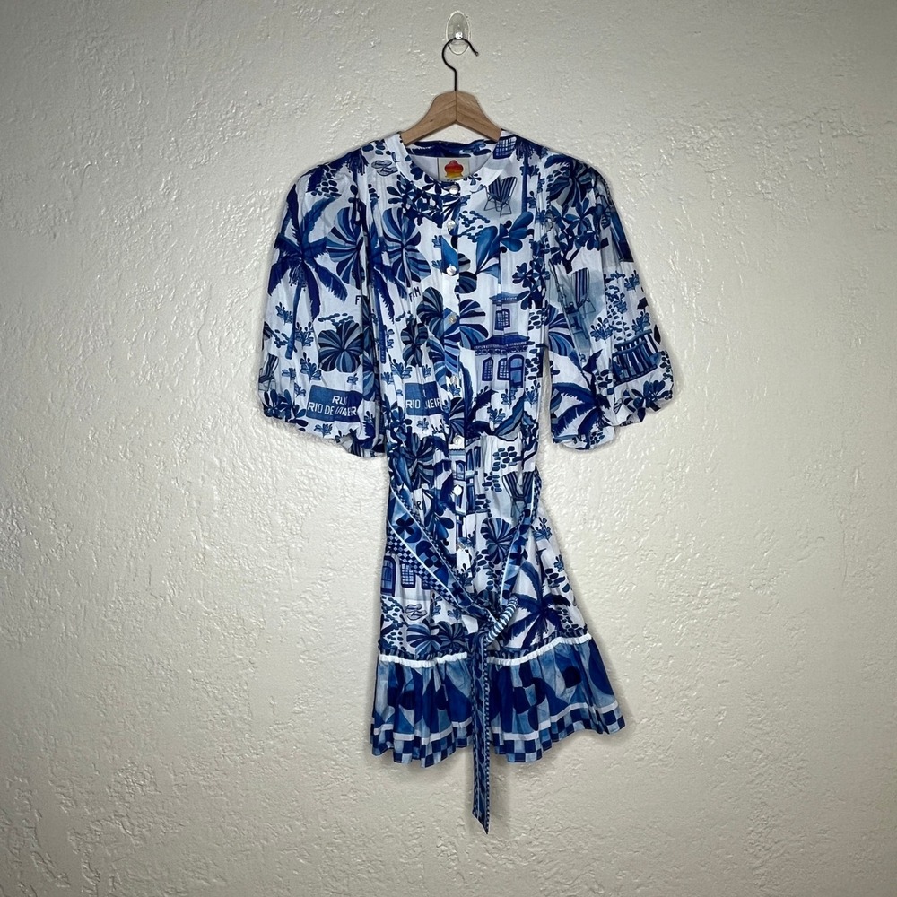 Farm Rio Sweet Rio Mini Dress Blue White Tropical Puff Sleeve Beaded Belt Medium - Picture 3 of 10